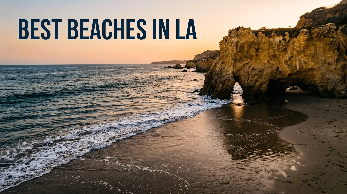 Overhead flat-lay of a golden sunset at El Matador State Beach with the text best beaches in la.