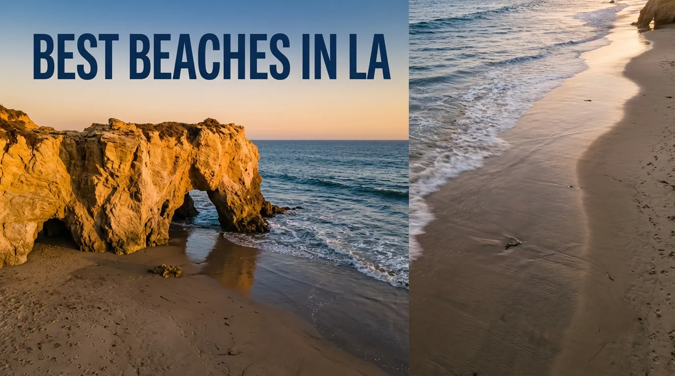 Overhead flat-lay of a golden sunset at El Matador State Beach with the text best beaches in la.