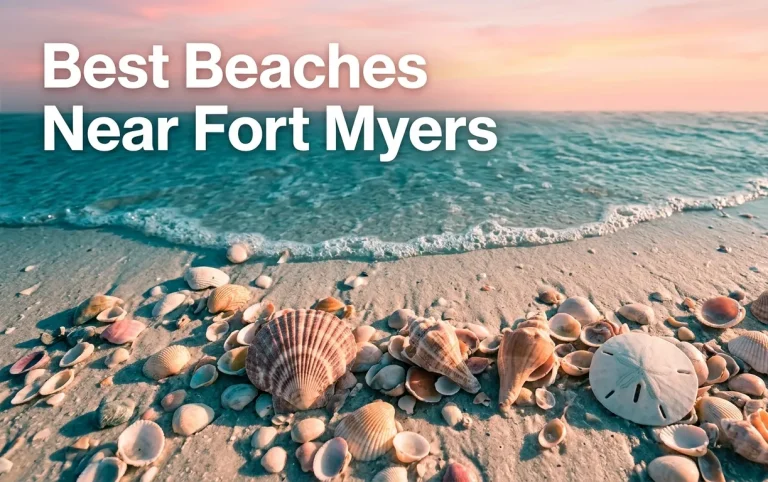 Overhead flat-lay of a shell-strewn Fort Myers area beach at sunrise, with bold text reading Best Beaches Near Fort Myers.