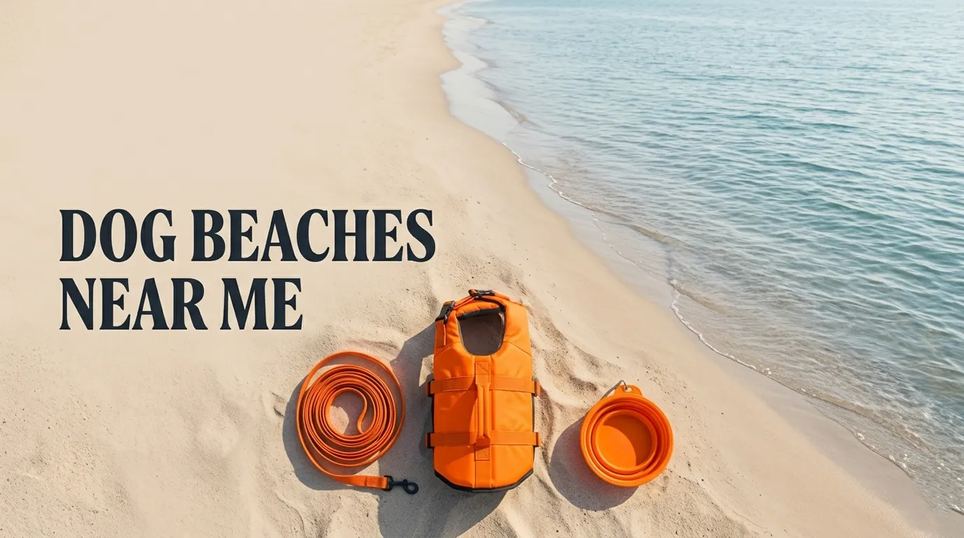 Overhead flat-lay of dog beach essentials on sand with text Dog Beaches Near Me overlaid.