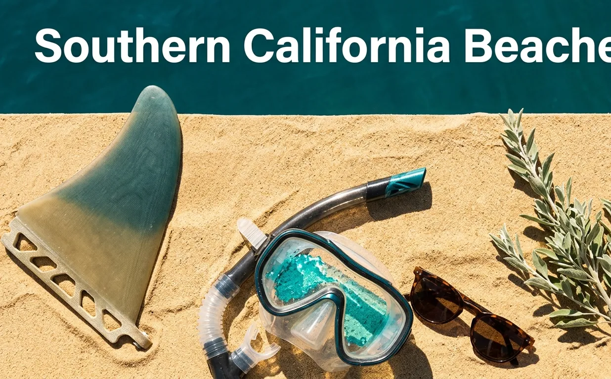 Overhead flat-lay of golden sand with surfboard fin, snorkel mask, and sunglasses.