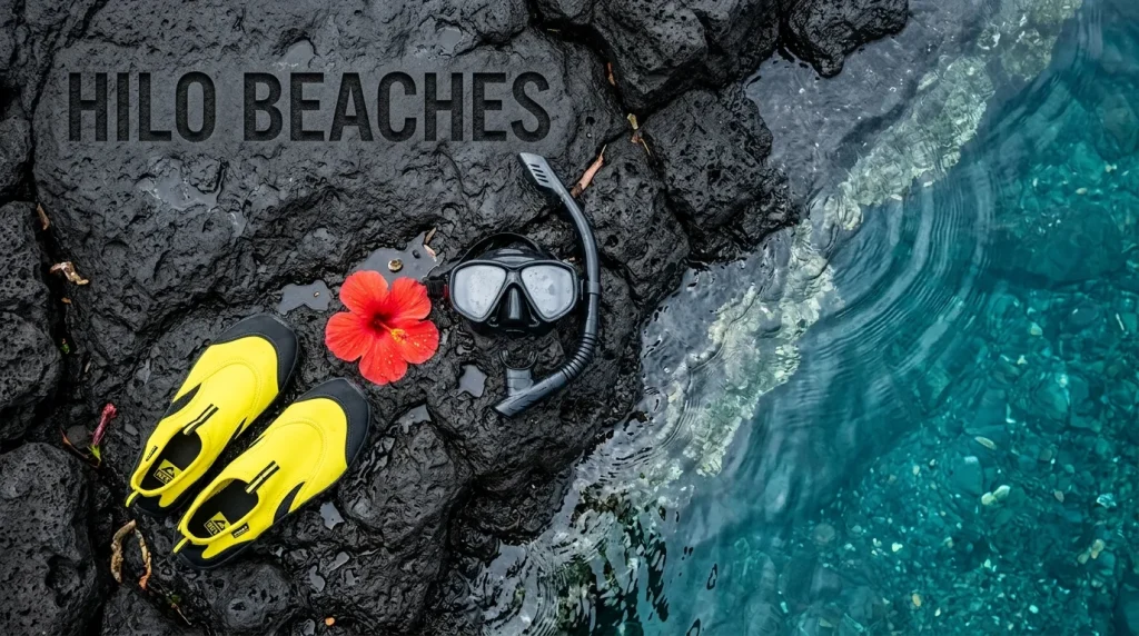 Overhead photo of bright yellow water shoes and a snorkel mask on a black lava rock shelf next to a clear turquoise Hilo beaches lagoon.