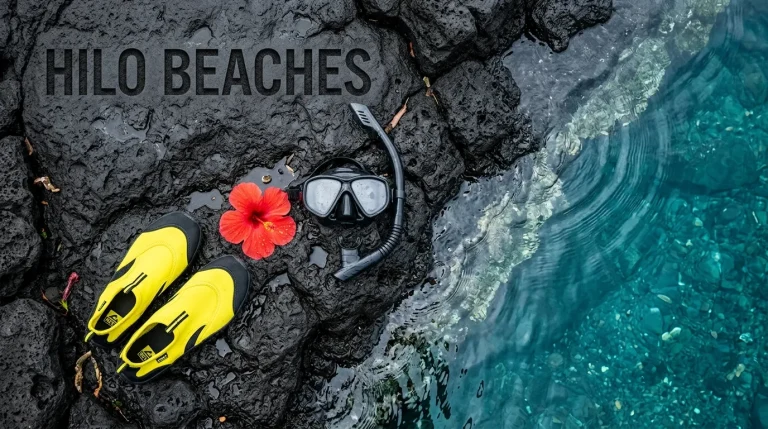 Overhead photo of bright yellow water shoes and a snorkel mask on a black lava rock shelf next to a clear turquoise Hilo beaches lagoon.