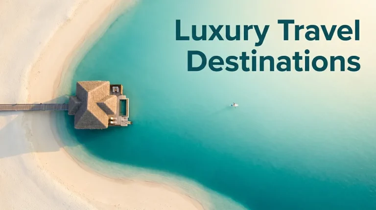 Overhead view of an overwater bungalow on a pristine turquoise lagoon, representing the best luxury travel destinations for a premium 2026 trip
