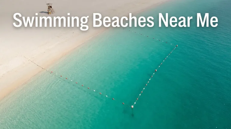 Overhead view of calm turquoise swimming beach with buoy-marked swim zone and lifeguard tower, Swimming Beaches Near Me article headline text overlay.