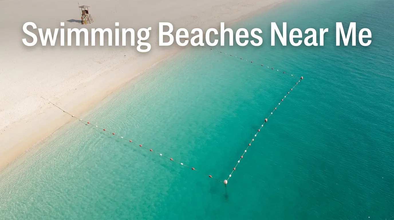 Overhead view of calm turquoise swimming beach with buoy-marked swim zone and lifeguard tower, Swimming Beaches Near Me article headline text overlay.