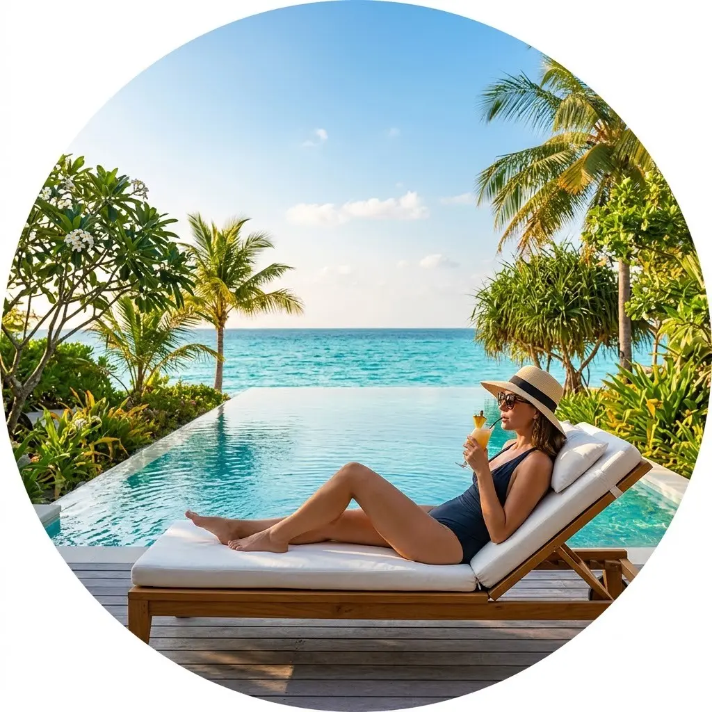 Person relaxing at a luxury beach resort infinity pool with ocean view
