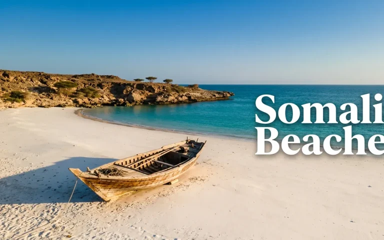 Pristine, empty Baathela Beach in Somaliland with turquoise water and a beached dhow boat, with text Somalia Beaches.