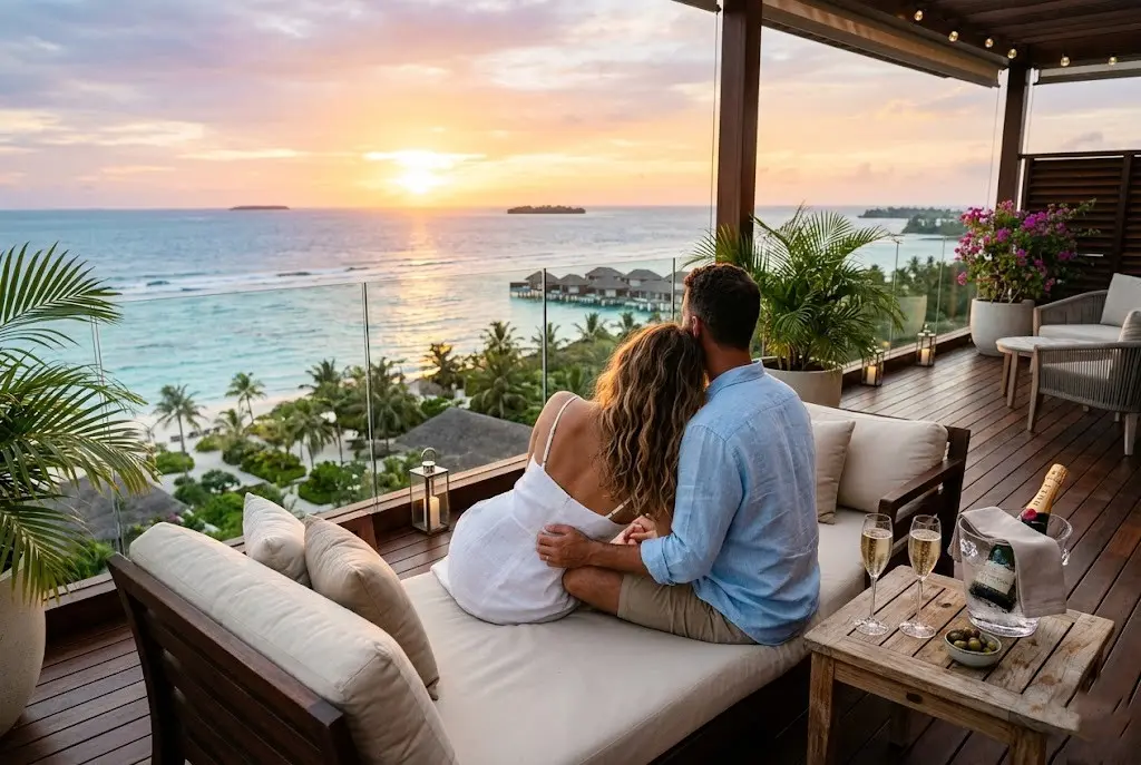 Romantic couple at sunset on luxury beach resort terrace with champagne