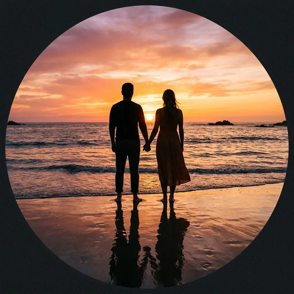 Romantic couple silhouetted at tropical beach sunset golden sky