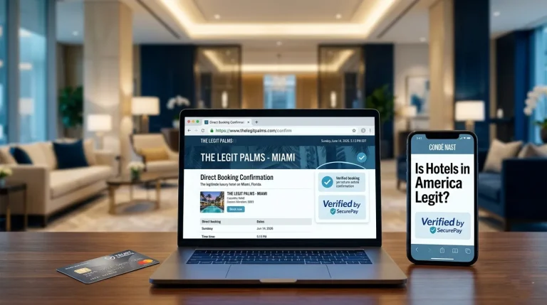 Smartphone and laptop displaying the headline Is Hotels in America Legit with a secure padlock icon visible, set against a softly blurred hotel lobby.