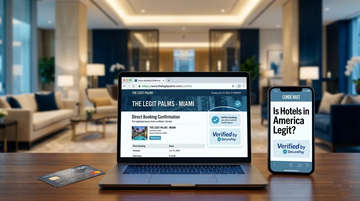 Smartphone and laptop displaying the headline Is Hotels in America Legit with a secure padlock icon visible, set against a softly blurred hotel lobby.