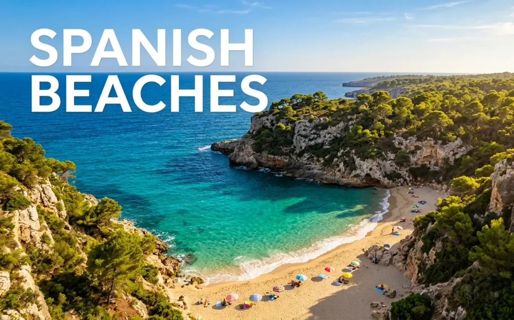 Spanish Beaches aerial editorial image showing turquoise Mediterranean cala with golden sand and pine cliffs featuring bold headline text.