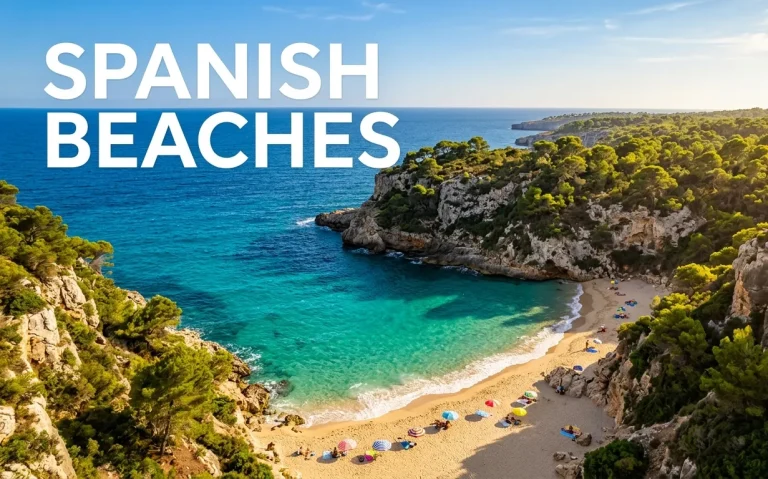 Spanish Beaches aerial editorial image showing turquoise Mediterranean cala with golden sand and pine cliffs featuring bold headline text.