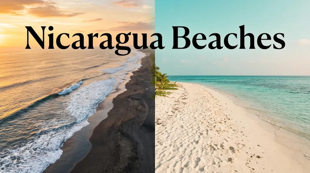 Split image contrasting Nicaragua's dark-sand Pacific surf at sunset with the calm, turquoise Caribbean water of Little Corn Island.