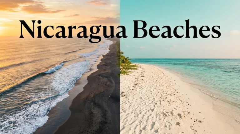 Split image contrasting Nicaragua's dark-sand Pacific surf at sunset with the calm, turquoise Caribbean water of Little Corn Island.