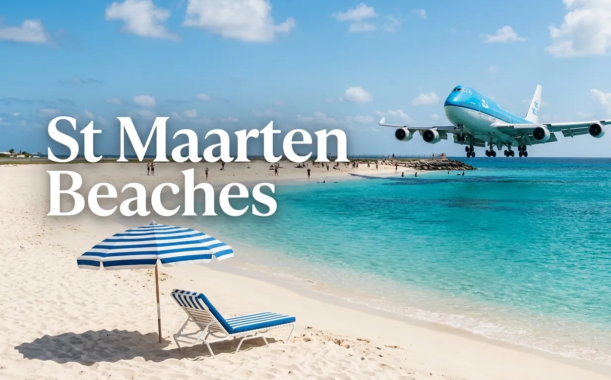 St Maarten beaches guide featuring Maho Beach plane spotting and turquoise Caribbean water.