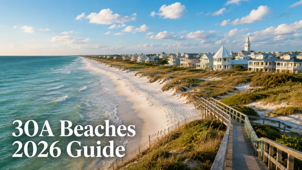 Sugar-white sand and emerald water at Grayton Beach State Park on Florida 30A 2026