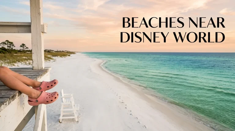 View from a lifeguard chair over a calm empty Gulf beach with the title BEACHES NEAR DISNEY WORLD in the sky.