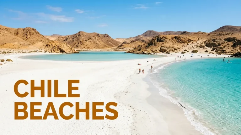 White sand Bahía Inglesa beach turquoise water contrast against Atacama Desert hills with text Chile Beaches.