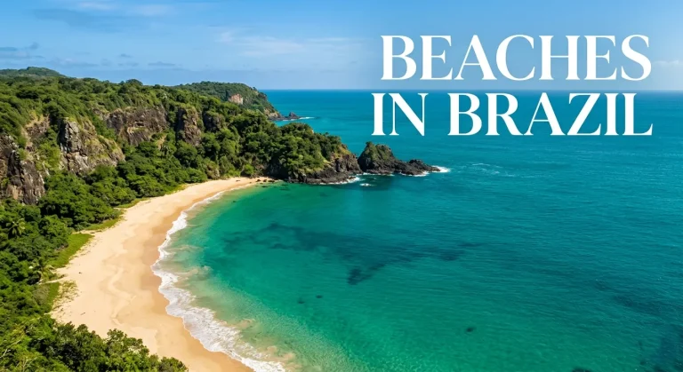 from an elevated angle looking down onto Baía do Sancho beach in Fernando de Noronha, Brazil.