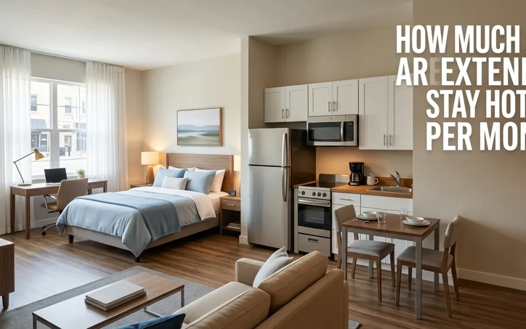 A clean extended stay hotel suite with a full kitchenette, bed, and workspace, representing monthly hotel costs and value.