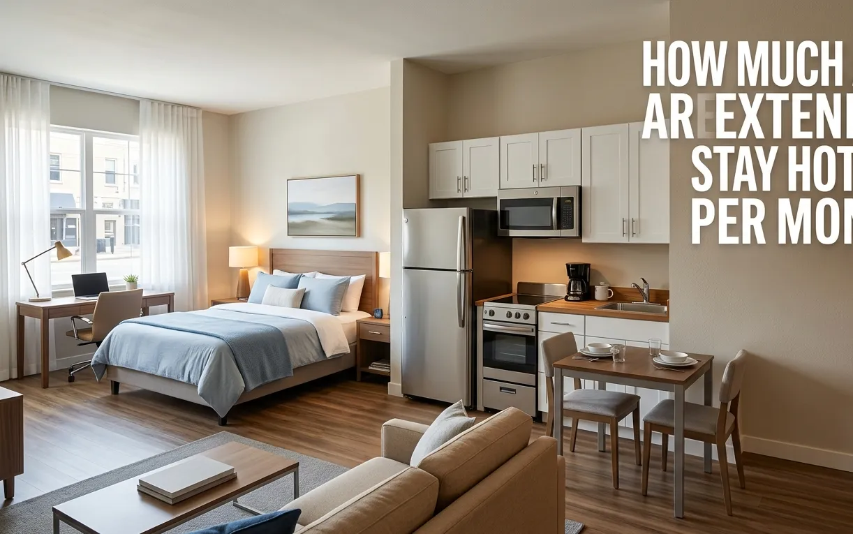 A clean extended stay hotel suite with a full kitchenette, bed, and workspace, representing monthly hotel costs and value.