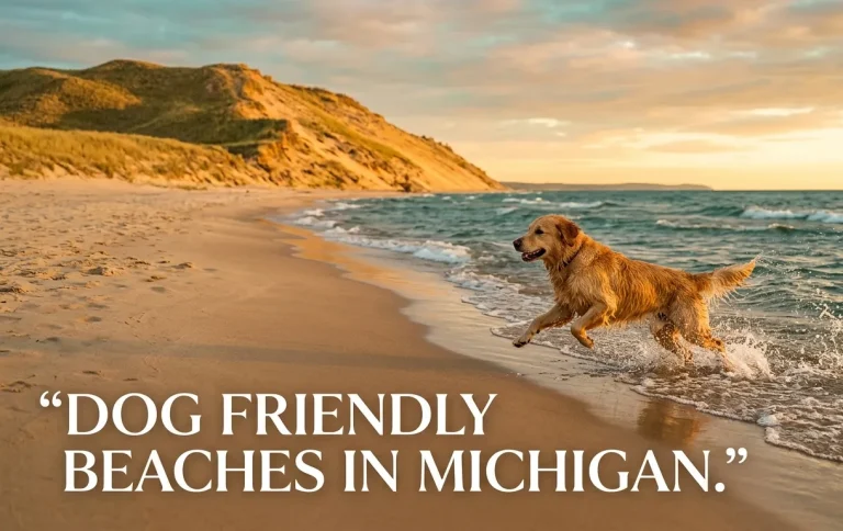 A golden retriever running on a soft, empty Lake Michigan dog beach at sunset with a dune in the background.