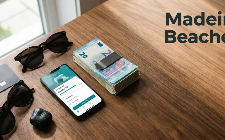 A savings plan for a Madeira beaches trip with cash, a smartphone banking app, and a credit card on a wooden desk.