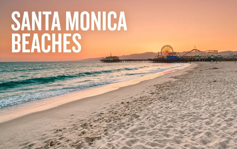 A serene sunset view of Santa Monica beaches from Ocean Park looking toward the lit pier, perfect for a 2026 coastal guide.