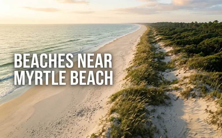 Aerial drone shot of an empty, wide beach dune near Myrtle Beach with title text Beaches Near Myrtle Beach.