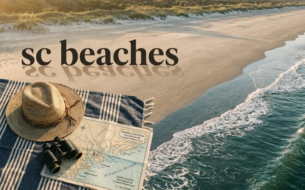 Aerial flat-lay of essential beach items and a map on wide sand for a guide to the best sc beaches in 2026.