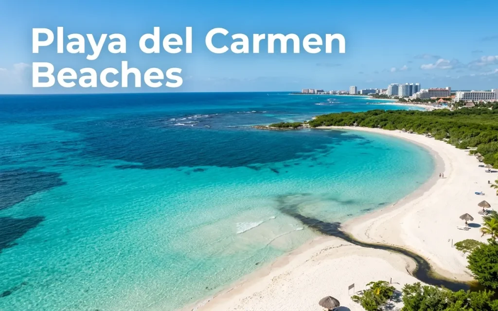 Aerial photo of Playa Punta Esmeralda showing the north-facing curve, clear turquoise water, and a cenote stream cutting through white sand.