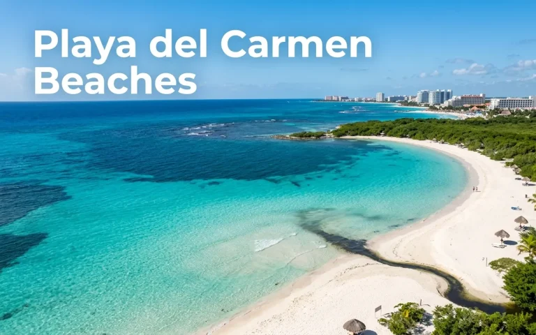 Aerial photo of Playa Punta Esmeralda showing the north-facing curve, clear turquoise water, and a cenote stream cutting through white sand.