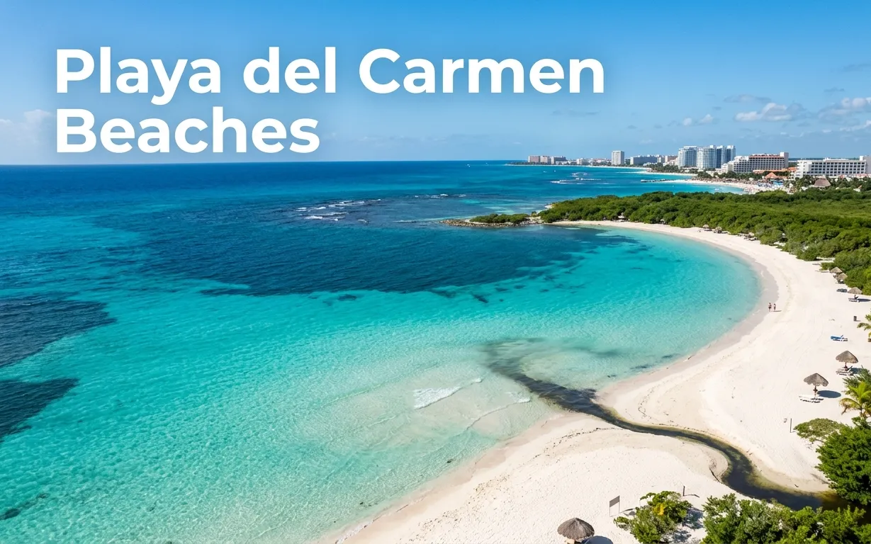 Aerial photo of Playa Punta Esmeralda showing the north-facing curve, clear turquoise water, and a cenote stream cutting through white sand.