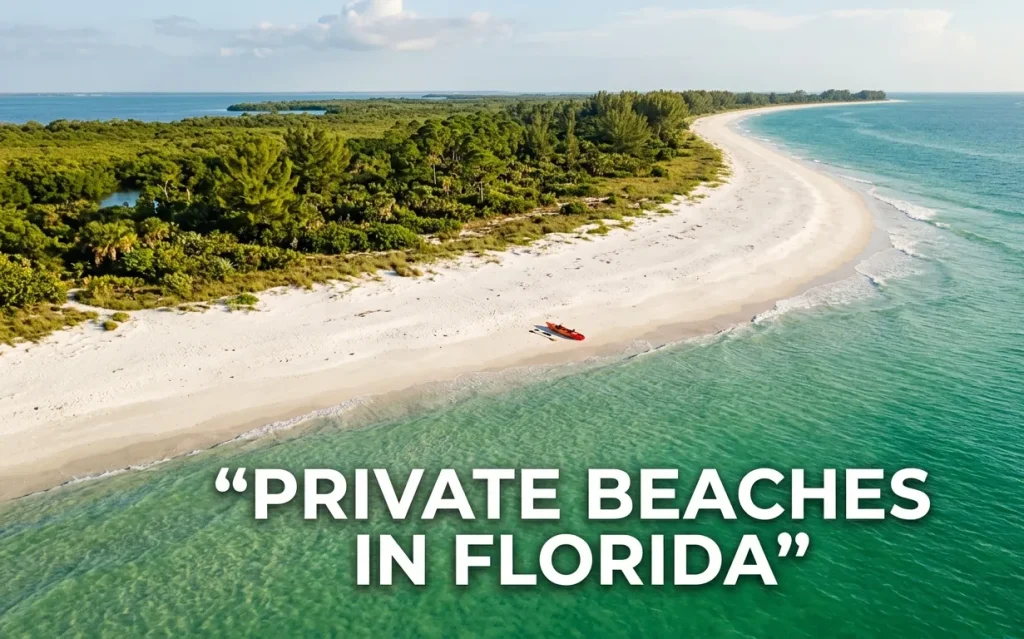 Aerial photo of the completely empty, pristine white sand and emerald water of Cayo Costa beach with a single kayak.