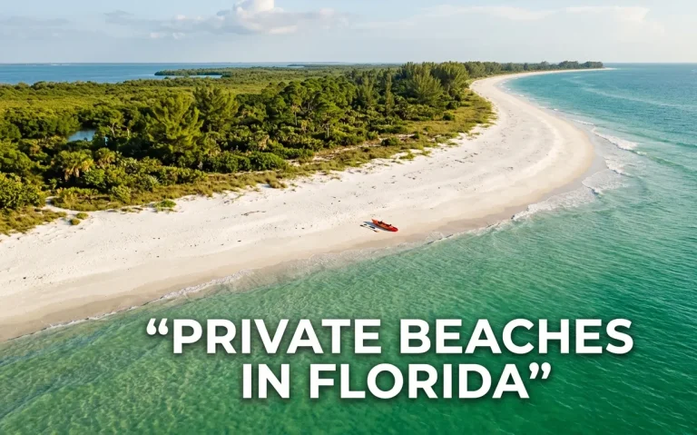 Aerial photo of the completely empty, pristine white sand and emerald water of Cayo Costa beach with a single kayak.