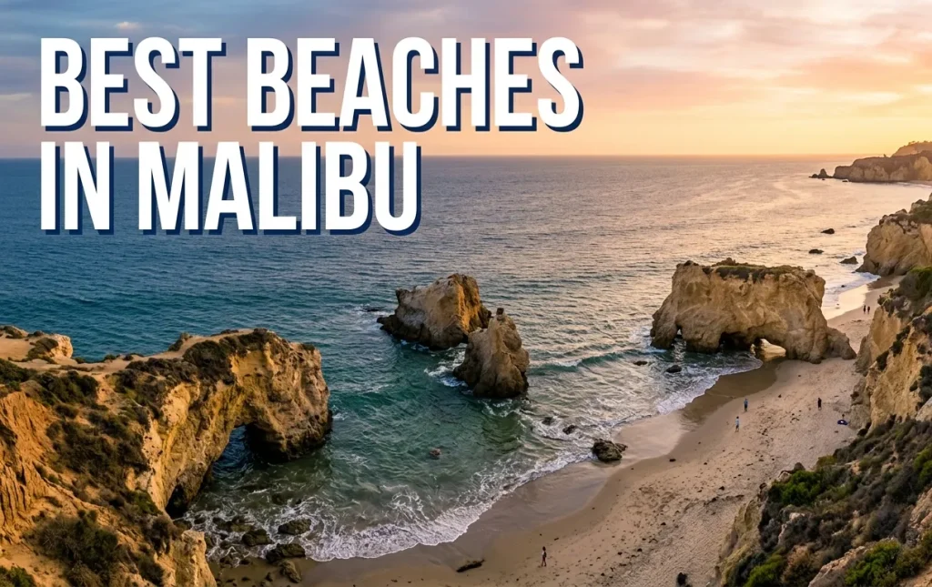 Aerial view of El Matador Beach in Malibu with the headline BEST BEACHES IN MALIBU displayed as readable text.