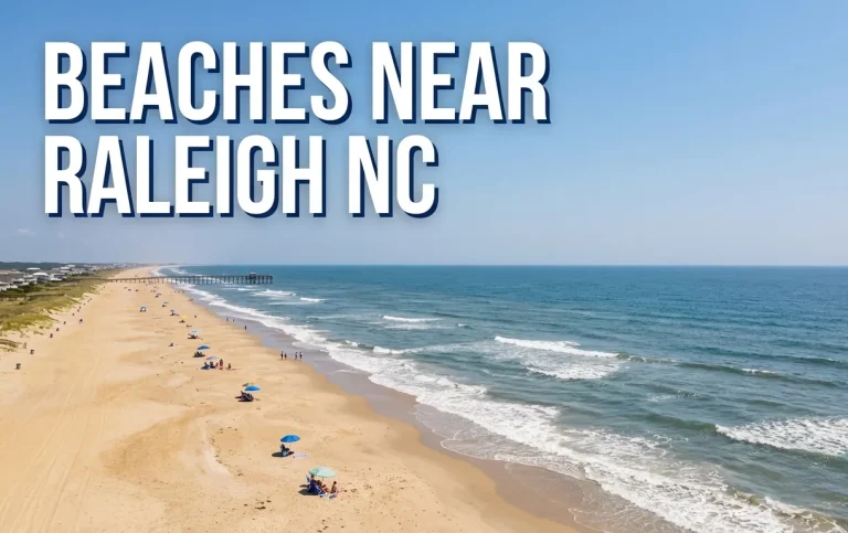 Aerial view of Emerald Isle's wide golden beach with the headline BEACHES NEAR RALEIGH NC displayed as readable text.