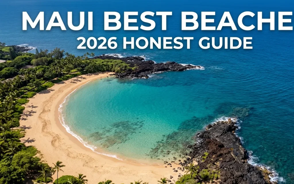 Aerial view of Kapalua Bay on Maui, one of the best beaches for calm swimming with golden sand and protected turquoise water surrounded by lava rock.