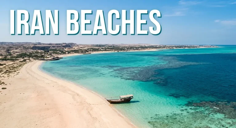 Aerial view of Kish Island's turquoise Persian Gulf coral beach with white text headline IRAN BEACHES visible on the hero banner.