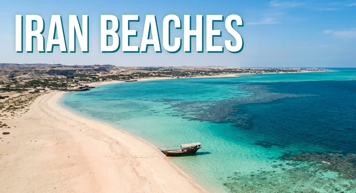 Aerial view of Kish Island's turquoise Persian Gulf coral beach with white text headline IRAN BEACHES visible on the hero banner.