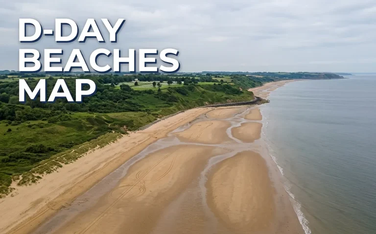 Aerial view of Omaha Beach at low tide with the headline D-DAY BEACHES MAP displayed as readable text.