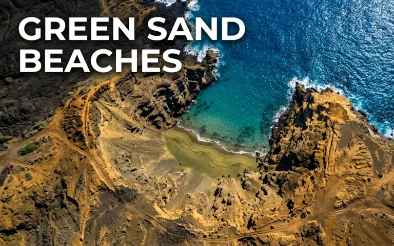Aerial view of Papakōlea, one of the world's rare green sand beaches, on Hawaii's Big Island.
