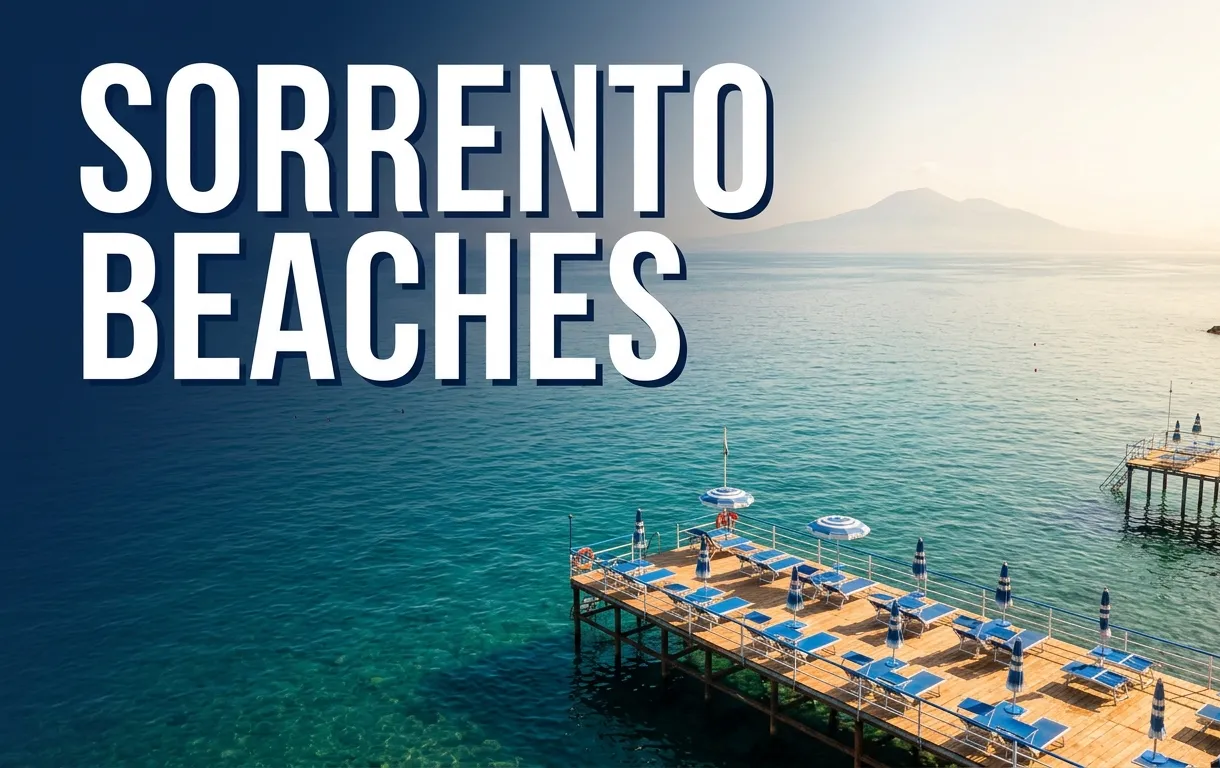 Aerial view of a Sorrento beach club pier with turquoise water and Vesuvius, displaying the headline SORRENTO BEACHES.
