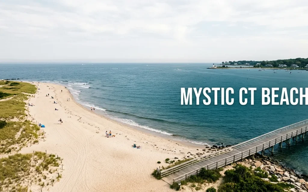 Aerial view of a calm New England beach with a wooden boardwalk, representing the best mystic ct beaches.
