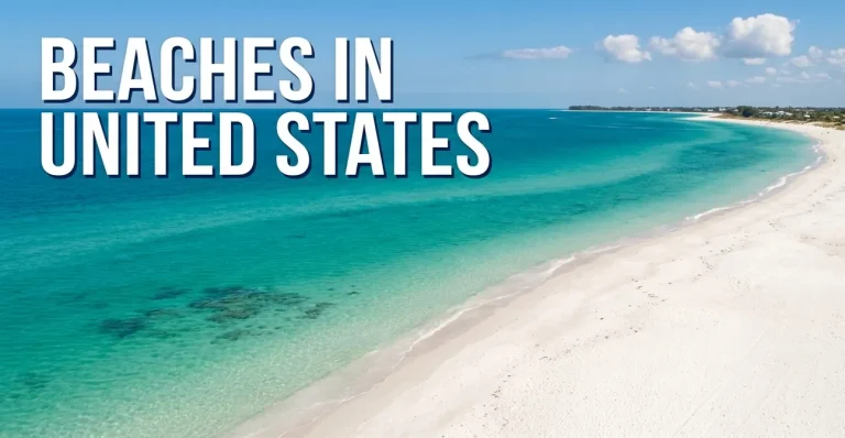 Aerial view of a pristine white sand Florida Gulf Coast beach with the headline BEACHES IN UNITED STATES visible in the image.