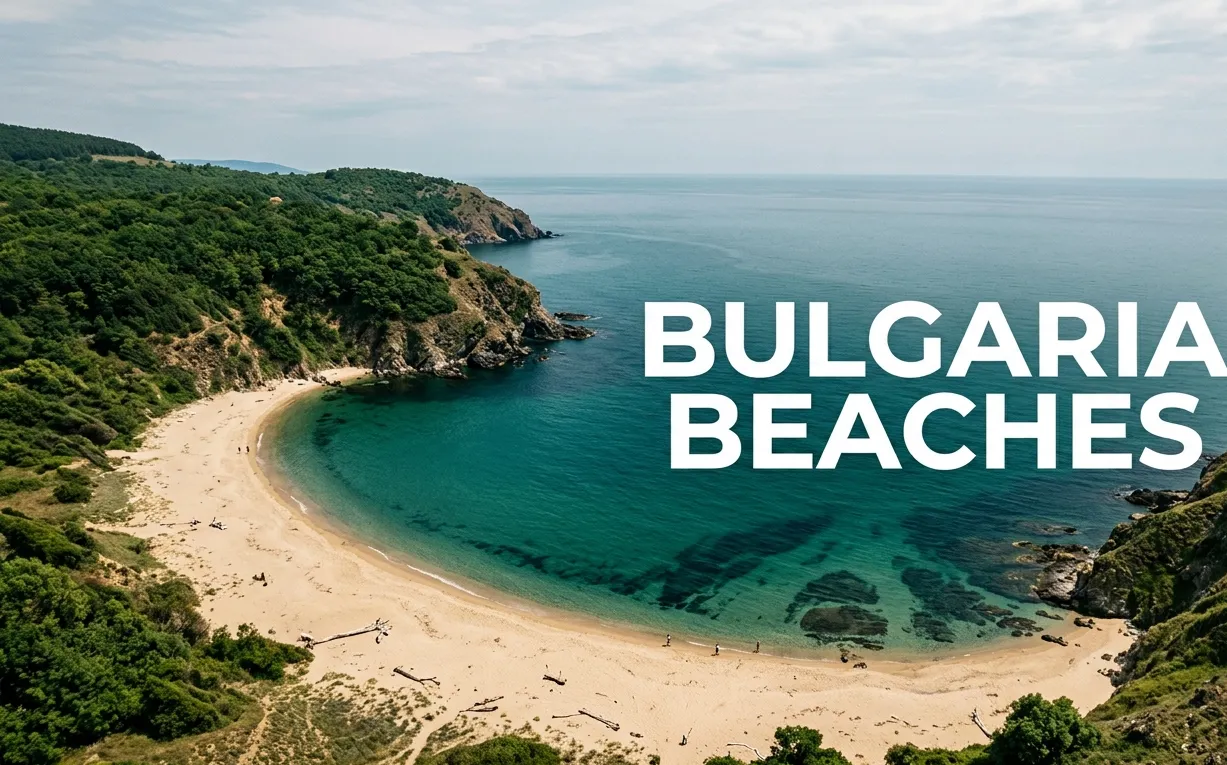 Aerial view of a quiet, wild golden sand cove framed by green cliffs, representing the best bulgaria beaches.