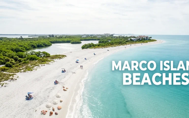 Aerial view of a white sand Marco Island beach with turquoise water and shells on the shoreline, representing the best marco island beaches.
