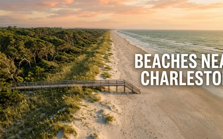 Aerial view of a wide, empty Charleston barrier island beach with title text Beaches Near Charleston.